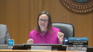 A screen capture of me chairing the CRA. I am wearing my glasses and a pink jacket.